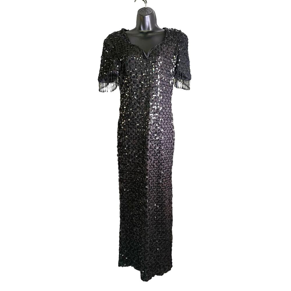 Vintage Y2K 90s Dave & Johnny Black Sequined Beaded Maxi Flapper Dress 13-14